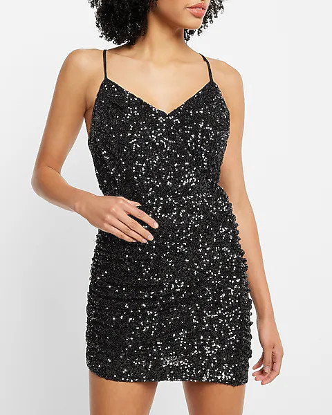 Super High Waisted Sequin Ruched Side Mini Skirt | Express