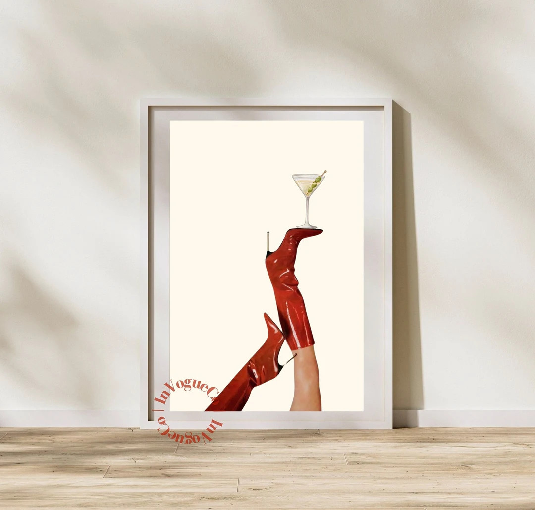 Bottoms up Art Print Red Boot Martini Wall Art Bar Cart Art Femme Fatale Cherry Girl Art Print NY... | Etsy (US)