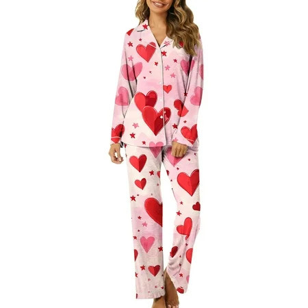Moxiu Pajamas for Women Set Valentine s Day Long Sleeve Love Heart Print Satin PJ Sets Button-Down Pajama Sleepwear Loungewear 2025 Pink XL | Walmart (US)