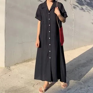 Elbow-Sleeve Maxi A-Line Shirt Dress | YesStyle Global