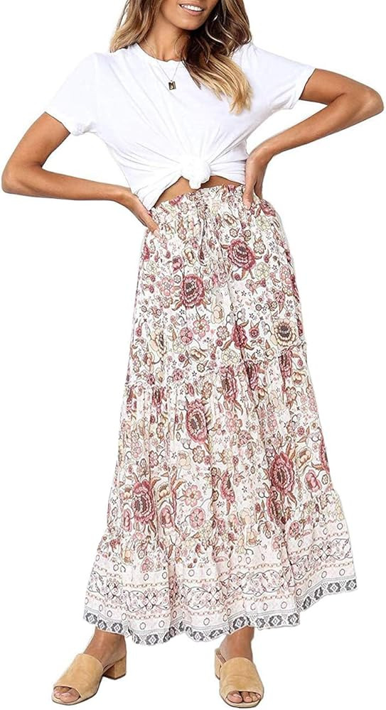 MEROKEETY Women's Boho Floral Print Elastic High Waist Pleated A Line Maxi Skirt | Amazon (US)