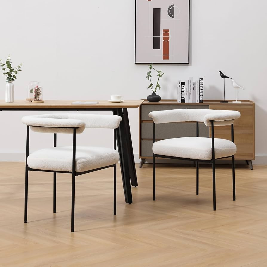 LukeAlon Sherpa Dining Chairs Set of 2, Upholstered Open Back Kitchen Chair with Black Metal Legs... | Amazon (US)