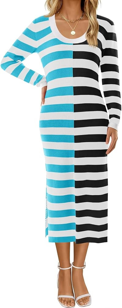 Wenrine Womens 2024 Fall Long Sweater Dress Long Sleeve Striped Maxi Dress | Amazon (US)