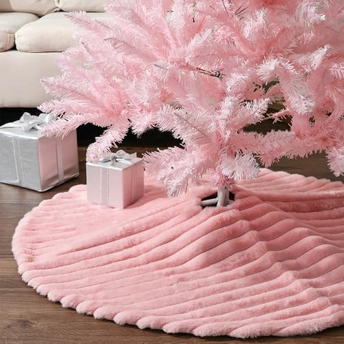 Faux Fur Christmas Tree Skirt: 36 Inch Pink Plush Faux Fur Christmas Tree Skirt with Stripe Textu... | Amazon (US)