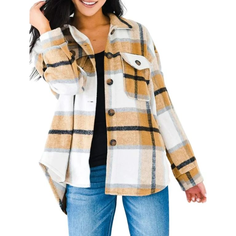 Mxiqqpltky Womens Casual Plaid Flannel Button Down Long Sleeve Shirt Jacket Shackets | Walmart (US)