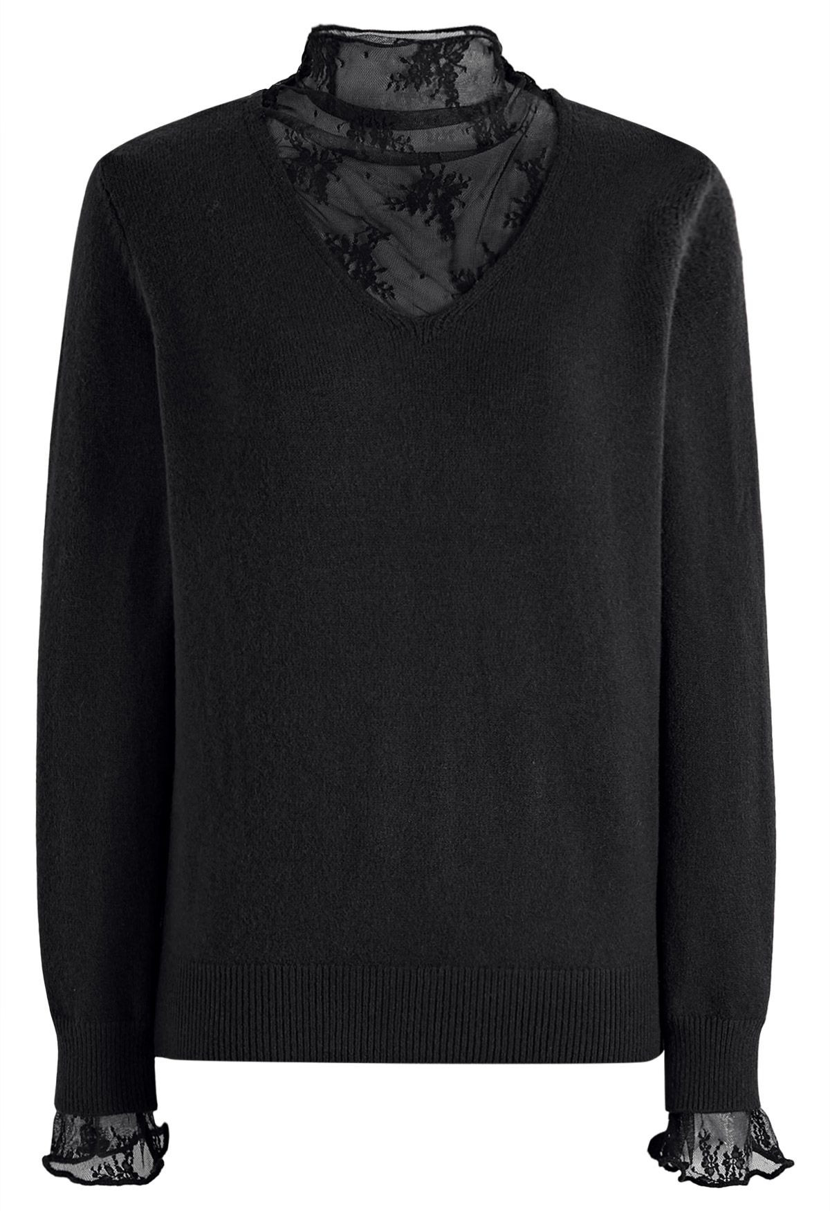 Floret Lace Inserted Mock Neck Knit Top in Black | Chicwish