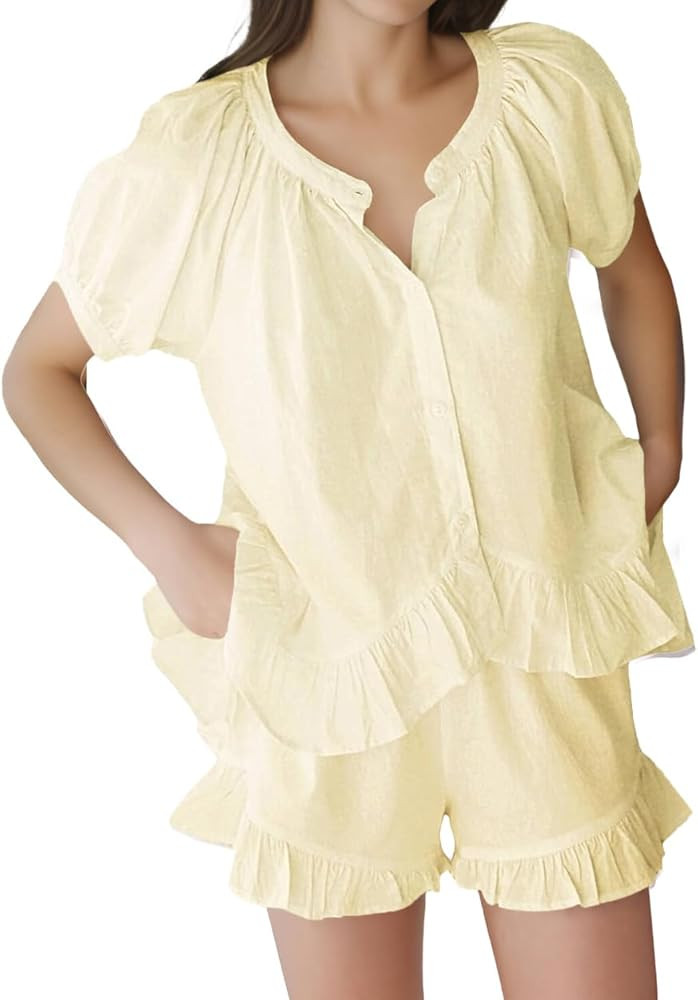 Womens Fashion Summer Short Sets Short Sleeve Button Down Ruffle Trim Top and Shorts Cotton Pajam... | Amazon (US)