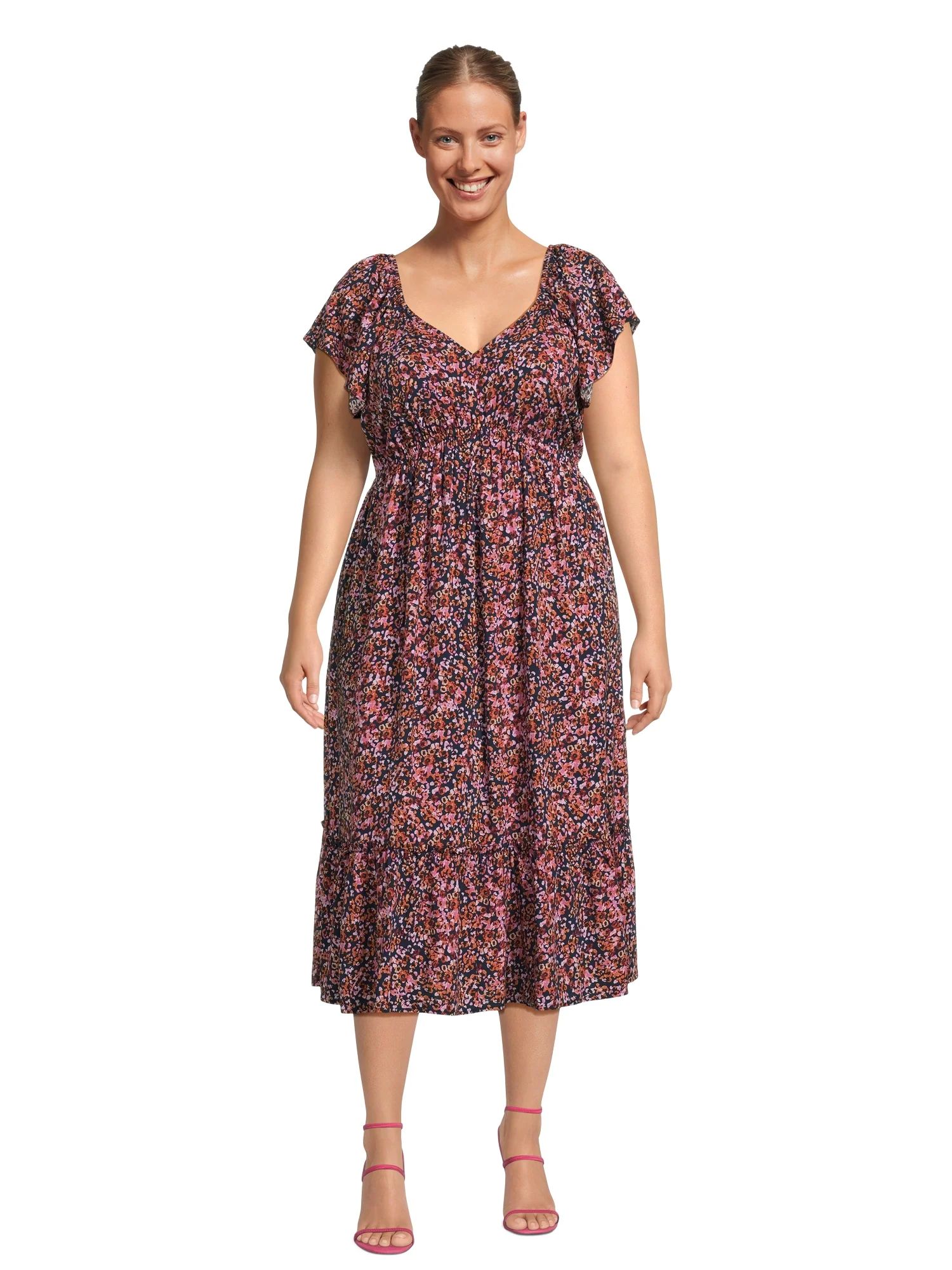 Terra & Sky Women's Plus Size Flutter Sleeve Midi Dress | Walmart (US)