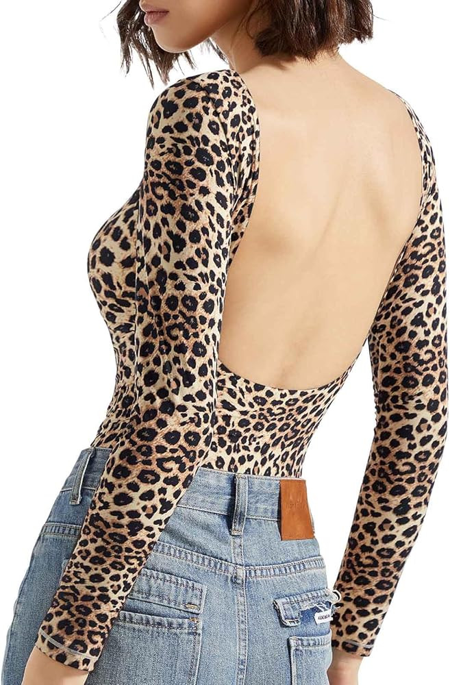 SUUKSESS Women Backless Y2k Long Sleeve Bodysuit Double Lined Open Back Sexy Basic Top | Amazon (US)