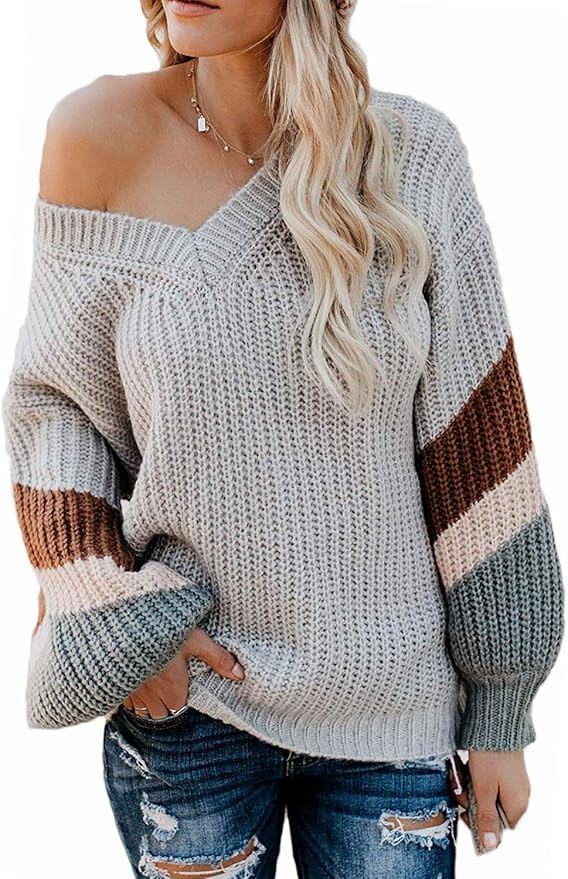 Vansha Womens Oversized Knit Pullover Sweaters Fall Loose V-Neck Striped Long Sleeve Chunky Tops | Amazon (US)