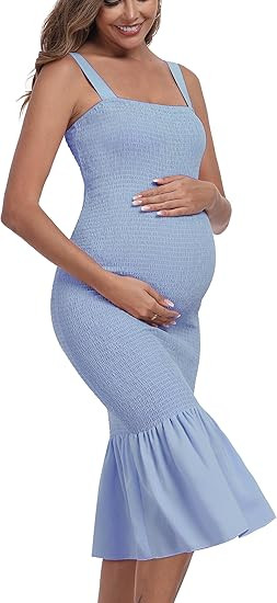 Summer Tank Maternity Dress Sleeveless Strappy Midi Bodycon Square Neck Ruffle Mermaid Smocked Dr... | Amazon (US)