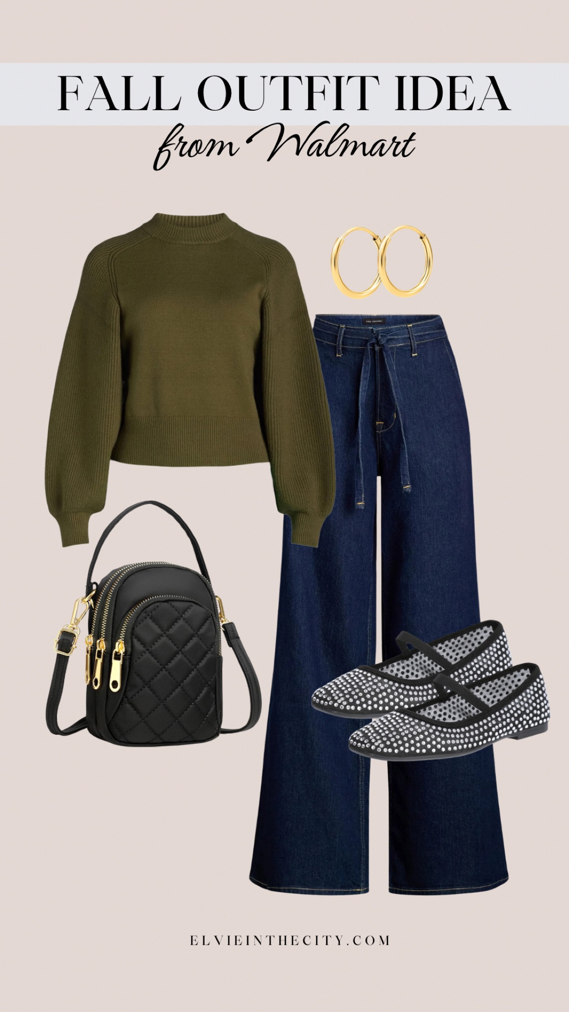 This Fall outfit idea from Walmart pairs a green ribbed sweater with wide leg belted trousers, a quilted cell phone purse, gold hoop earrings, and rhinestone mesh ballet flats.

Ootd, fall outfit idea, causal outfit, Walmart fashion, fashion over 40

#LTKFindsUnder50 #LTKOver40 #LTKStyleTip