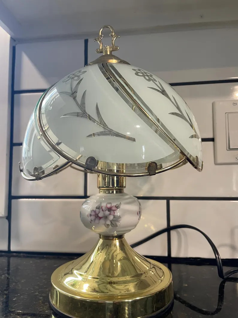 Vintage 80’s Floral & Frosted Glass Panel Gold Tone  3-Way Touch Accent Lamp. Cottagecore, Gran... | Etsy (US)