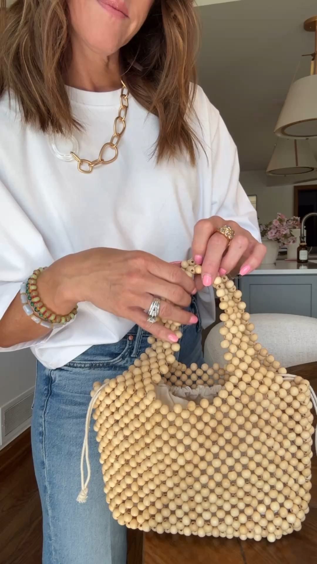 Wood bead little tote. Love that this has an inside liner. 
4 color ways. Summer bag. Vacation bag  

#LTKSeasonal #LTKootd