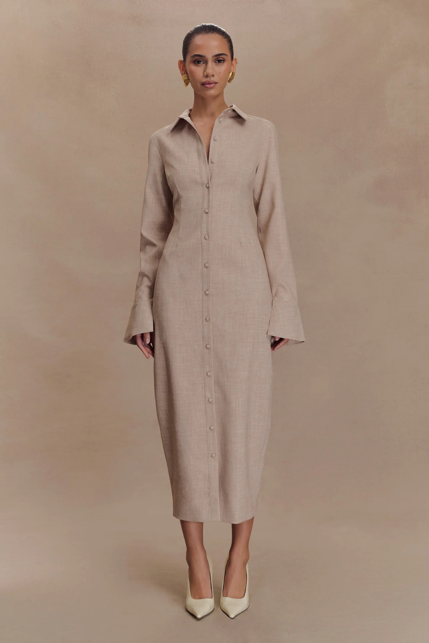 Dorian Fitted Shirt Midi Dress - Wheat Marle | Meshki (APAC)