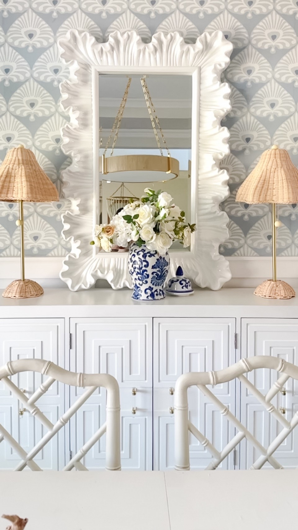 This mirror brought instant balance to my dining room wall. The soft ruffled edges add texture and movement, and the larger scale anchors the space beautifully—especially layered over wallpaper. A perfect pick if your console wall needs that one finishing piece!
	•	Sculptural ruffled-edge mirror
	•	Looks stunning over wallpaper or painted walls
	•	Great for dining rooms, entries, or console styling

#LTKHome #LTKFinds #MirrorDecor #ClassicStyle #ConsoleTable #CoastalHome #LTKStyling #DiningRoomInspo

#LTKSeasonal #LTKHome #LTKStyleTip