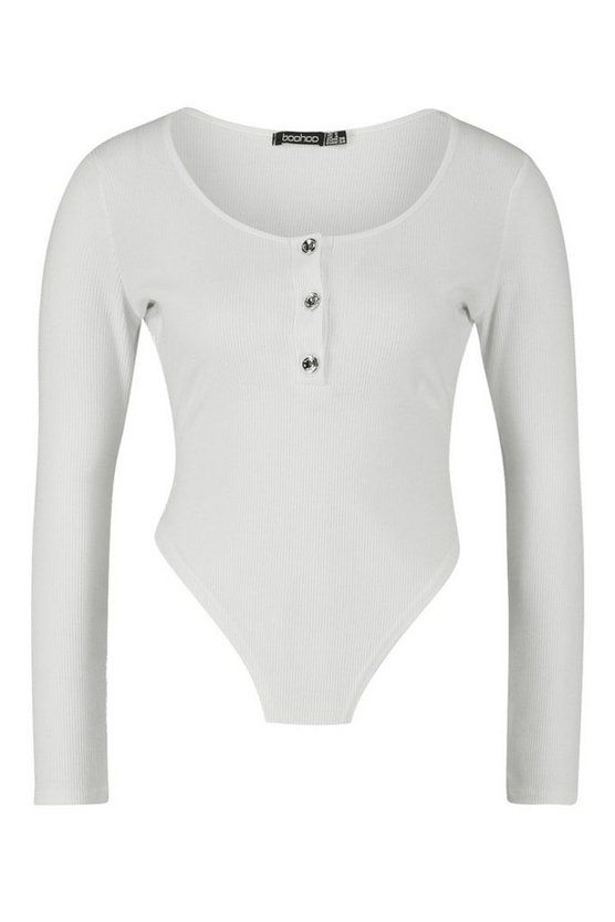Petite Button Detail Scoop Neck Knitted Bodysuit | Boohoo.com (US & CA)