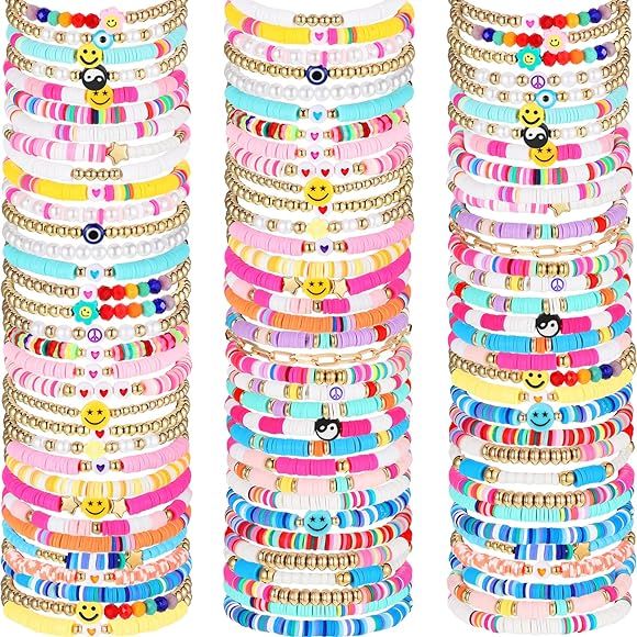 Equsion 100 Pcs Preppy Heishi Surfer Bracelets Set Colorful Beaded Adjustable Stretch Bracelets C... | Amazon (US)