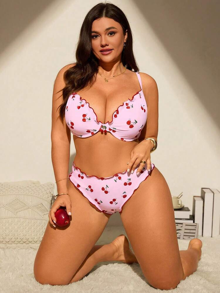 Swim Mod Plus Size Women 2pcs/Set Random Print Padded Tankini Swimwear Set Pink Swimwears For Women Bathing Suit Summer Outfits For Women Vacation Cute Bikini | SHEIN