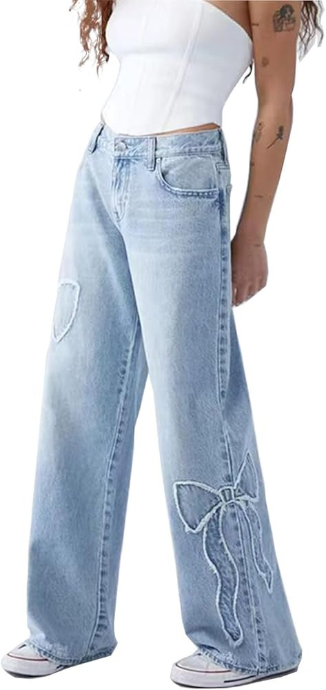 Womens Jeans Bowknot High Waisted Denim Pants Straight Leg Y2K Casual Baggy Trousers | Amazon (US)