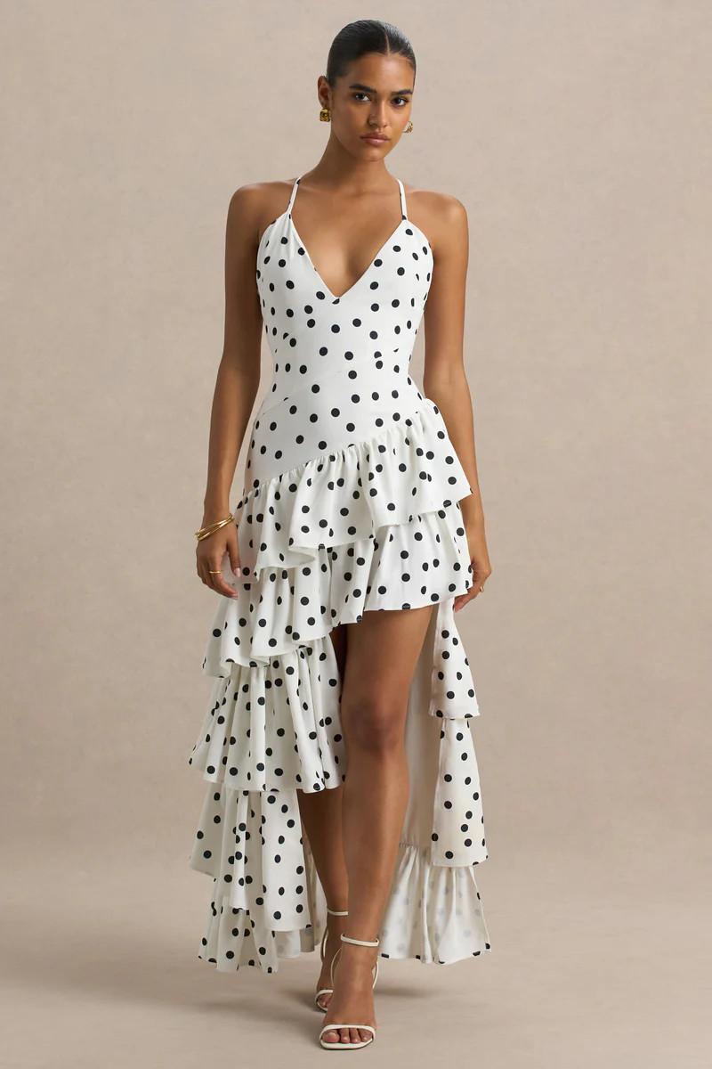Bogota  Polka Dot Plunge-Neck Maxi Dress With Ruffling Details And Front High Split | Club L London