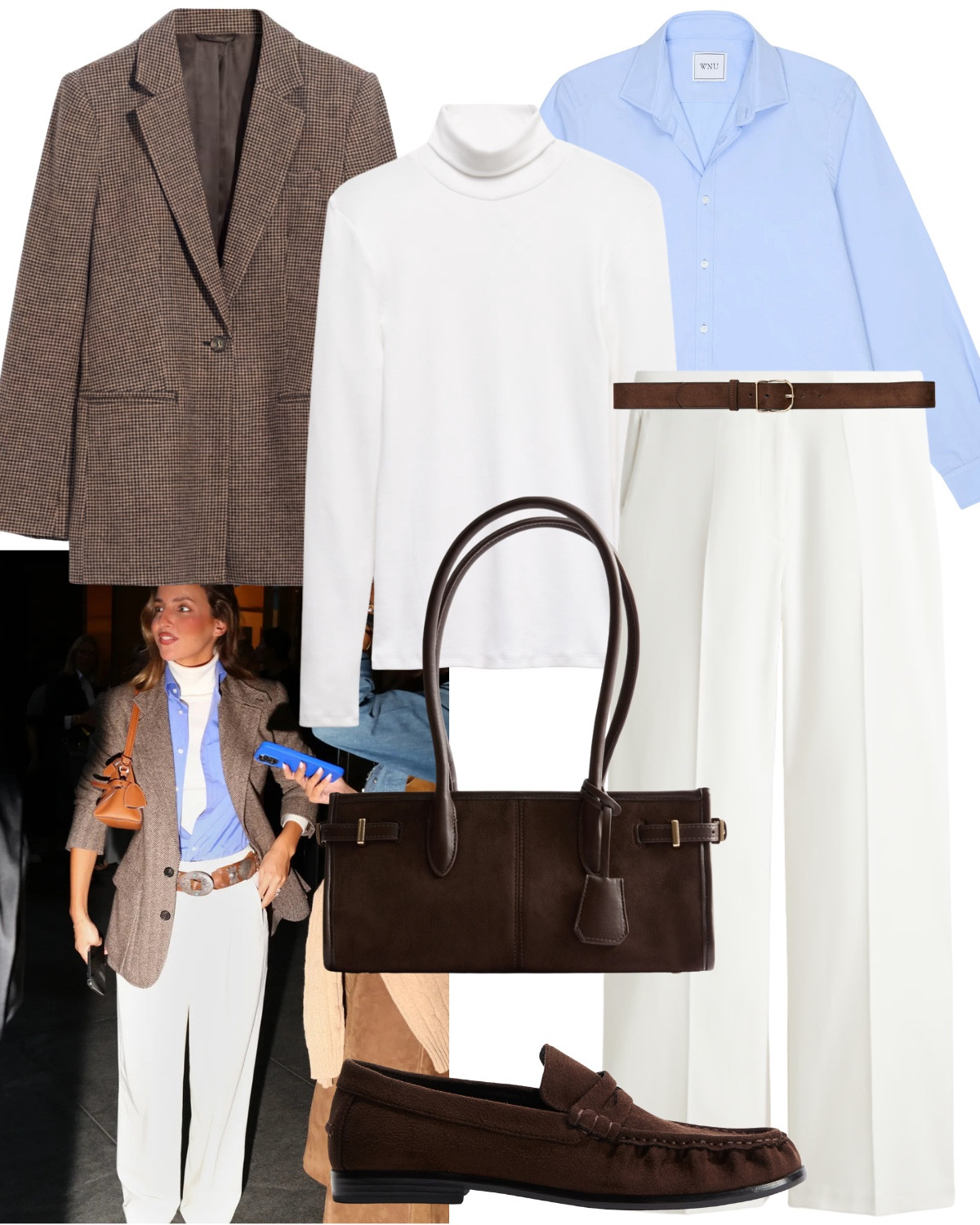 Heritage dressing like Ralph Lauren. 

Herringbone blazer, white roll neck top, blue shirt, white tailored trousers, brown belt, black shoulder bag, loafers  

#LTKuk #LTKworkwear #LTKautumn