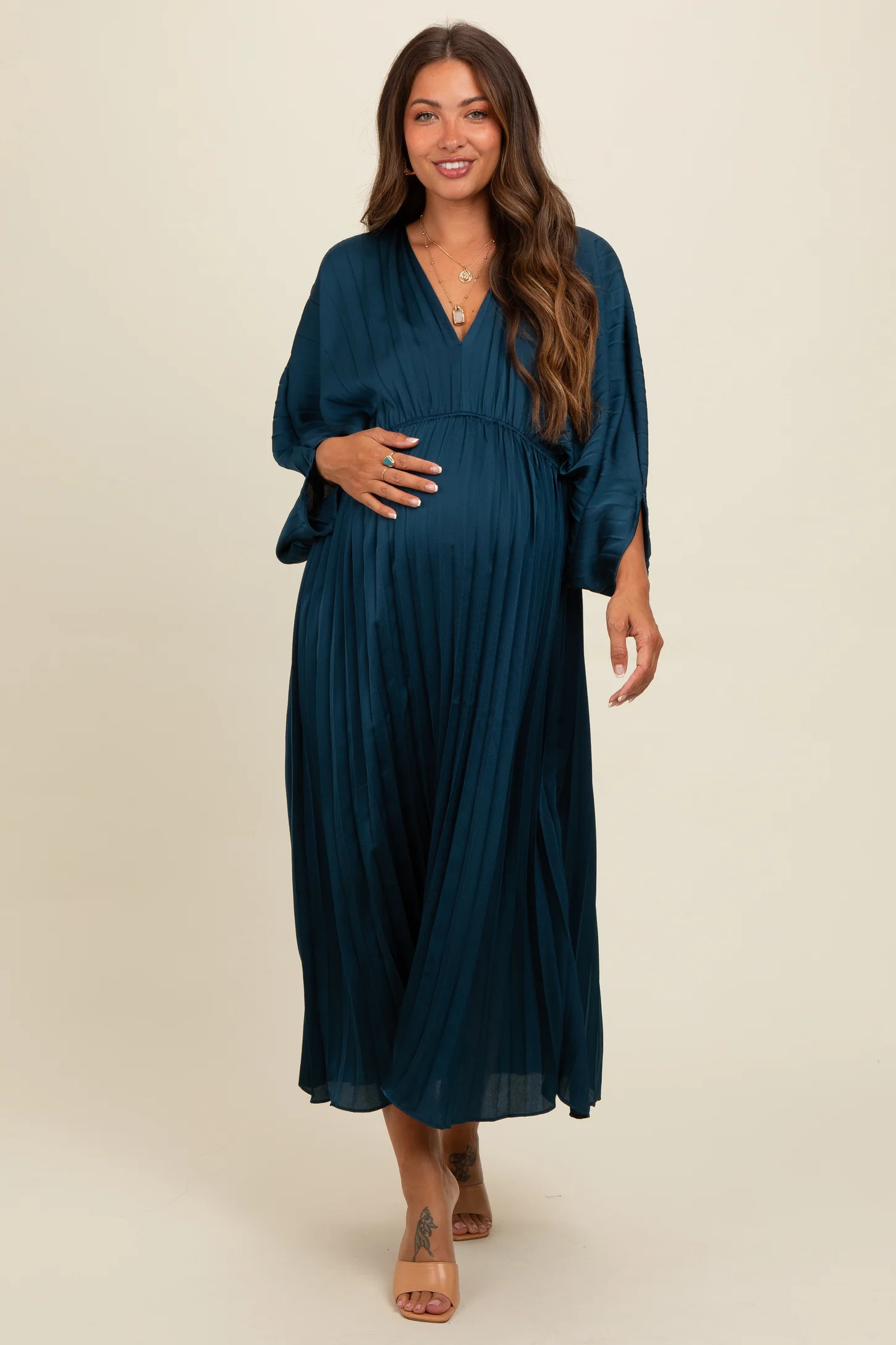 Teal Satin Pleated V-Neck Maternity Maxi Dress | PinkBlush Maternity