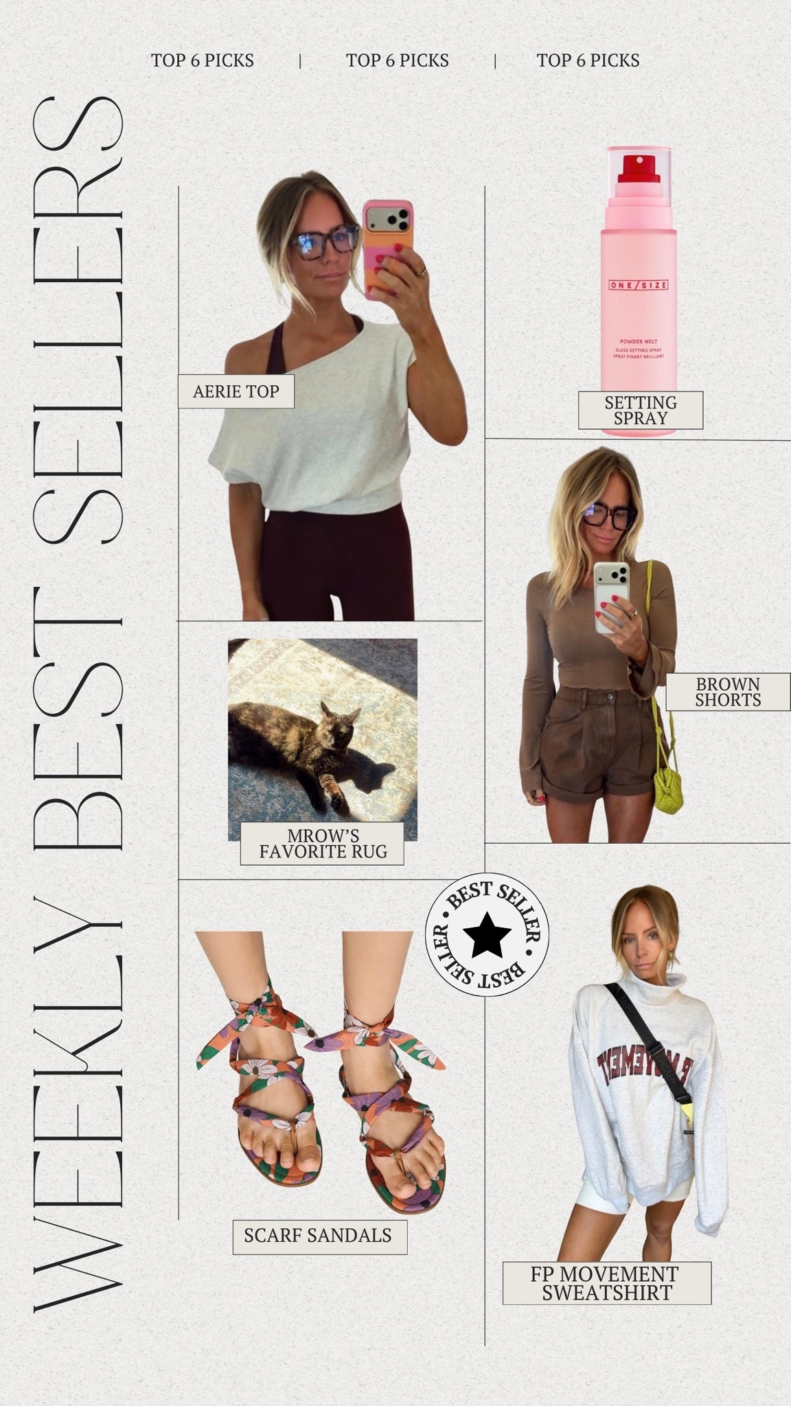 Weekly Top Sellers 🫶🏼
1. Aerie Top
2. Mrow’s favorite rug
3. Scarf sandals 
4. My favorite setting spray 
5. FP brown shorts 
6. FP movement sweatshirt