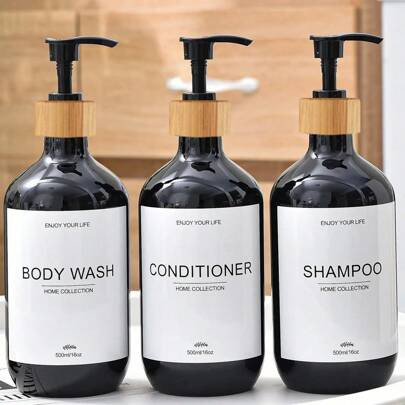 3pcs 500ml Pet Plastic Refillable Bottle Set For Shampoo, Shower Gel, Body Lotion, Hand Soap With Bamboo Pump Dispenser | SHEIN