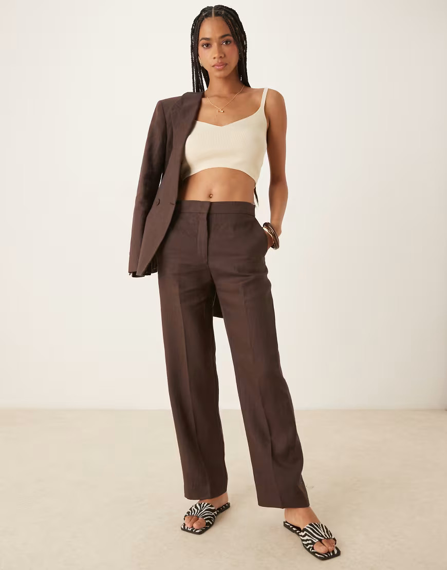 Mango soft touch linen tailored trouser co-ord in chocolate-Brown | ASOS (Global)