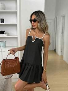 LocalEasowa Color Block Ruffled Hem A-Line Mini Dress For Women Black And White Checkered Summer ... | SHEIN
