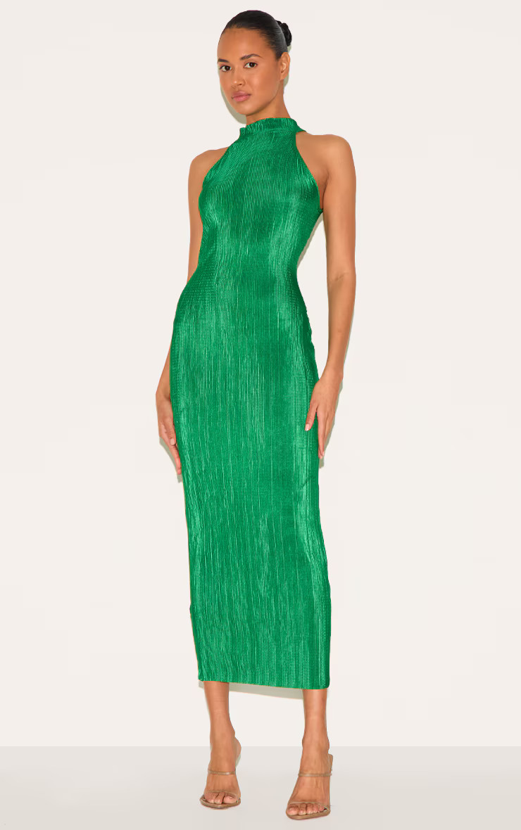 Green Plisse High Neck Midi Dress | PrettyLittleThing US
