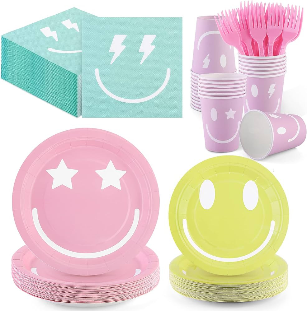 durony 144 Pieces Preppy Smile Face Party Tableware Set Party Decorations Include Smile Face Pape... | Amazon (US)