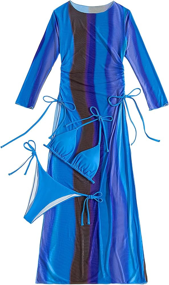 Floerns Women's 3 Piece Swimsuits Striped Halter Bikini Tie Side String with Cover Ups | Amazon (US)