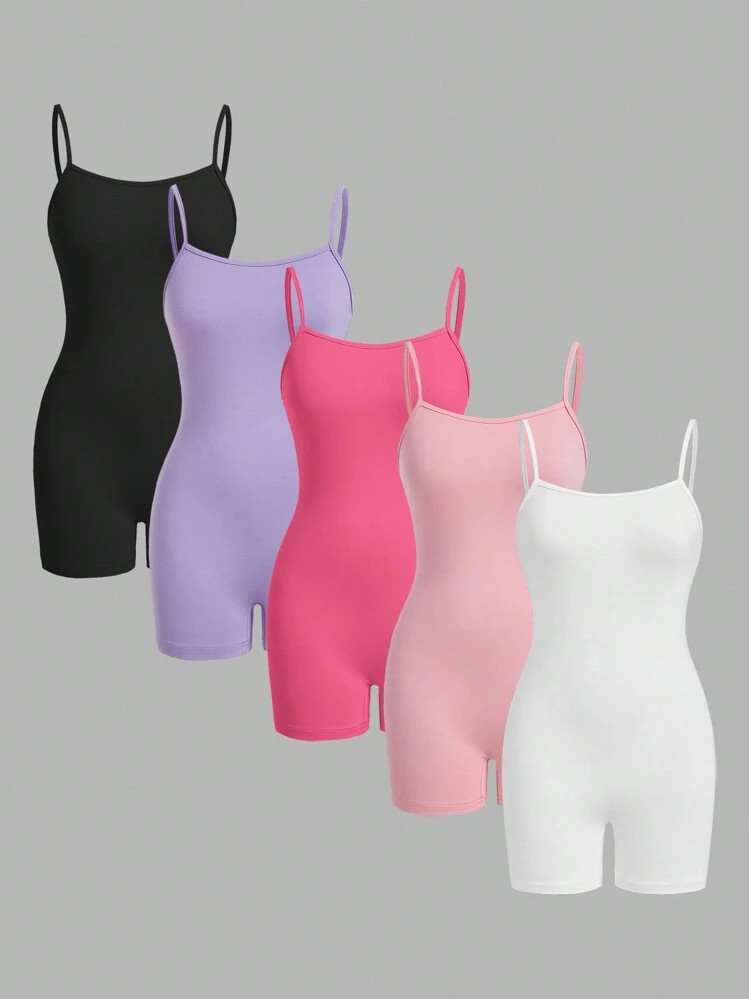 SHEIN Essnce Women's Summer Casual Solid Color Spaghetti Strap Skinny Knitted Solid Color Cami Romper Set, 5pcs Airport Outfit Sport | SHEIN