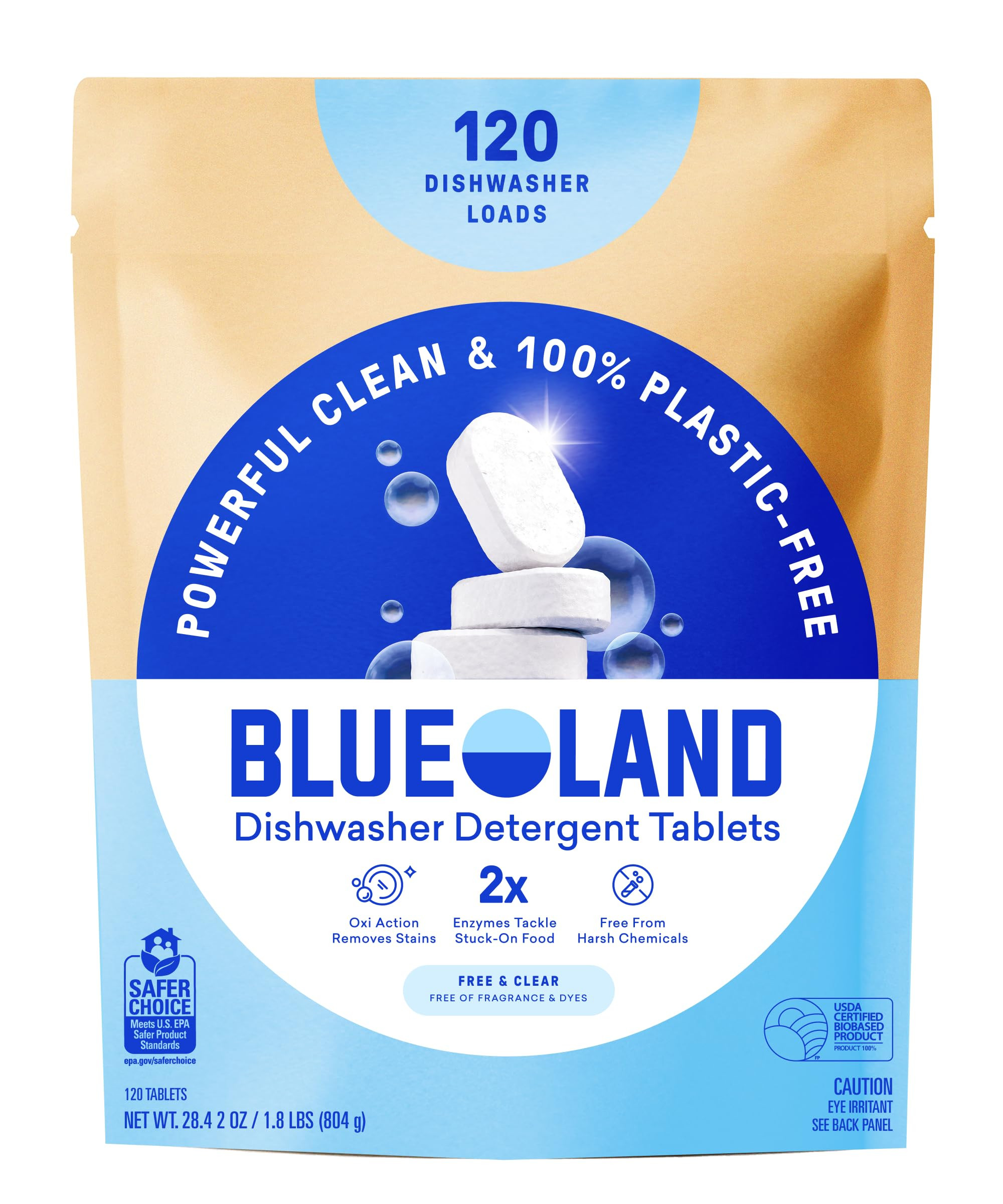 BLUELAND 100% Plastic-Free Dishwasher Detergent Tablets, 120 Count, Free & Clear, Eco-Friendly Di... | Amazon (US)
