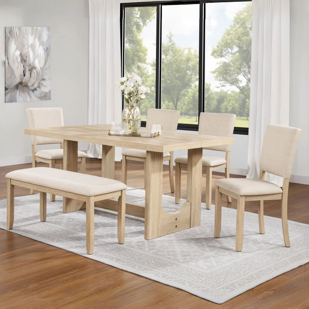 Coolbibila 6 Piece Dining Set with Rectangular Table and Bench Rubberwood Frame Chairs with Beige Cushion one_size in White | DRIX-ROOM-BEIGE | Lowe's