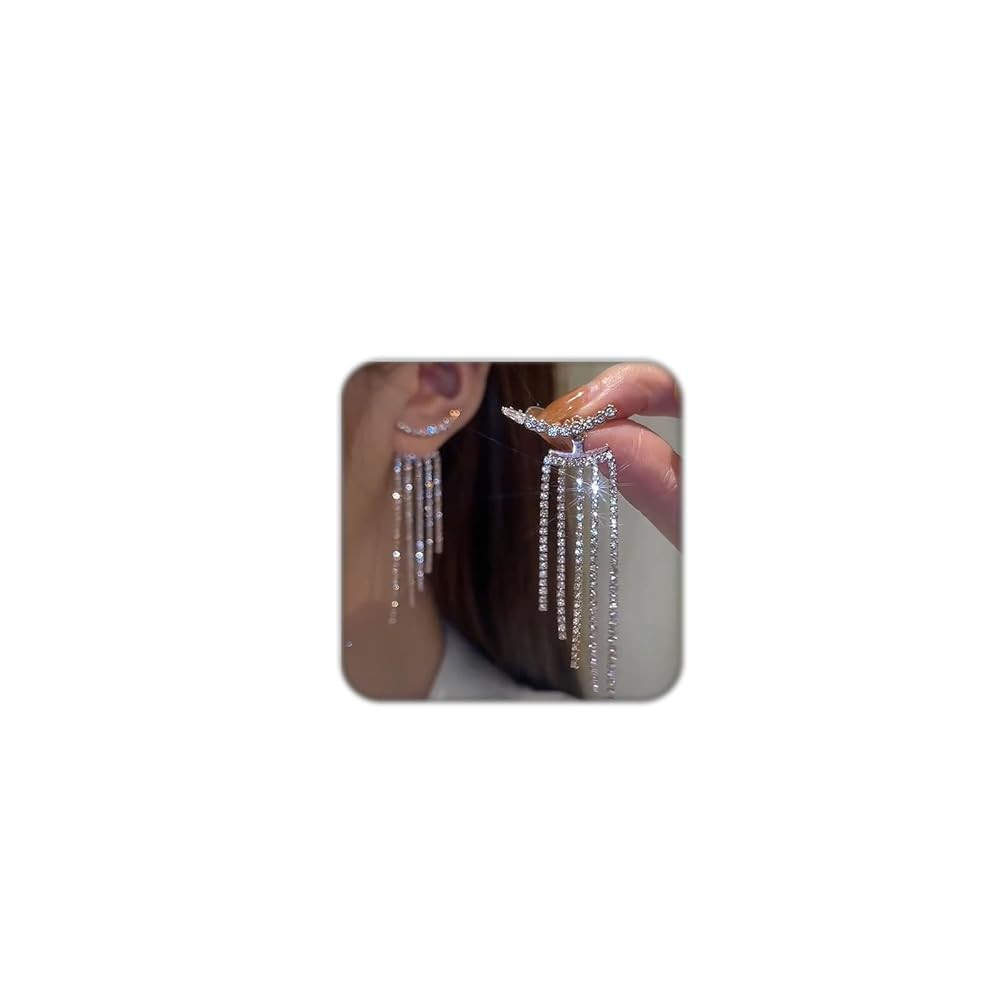 Silver Rhinestone Tassel Earrings for Women Long Tennis Prom Earrings Crystal Chain Dangle Earrin... | Amazon (US)