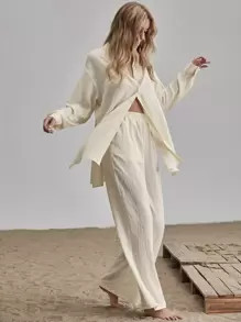 Slit Hem Longline Blouse & Wide Leg Pants Set | SHEIN