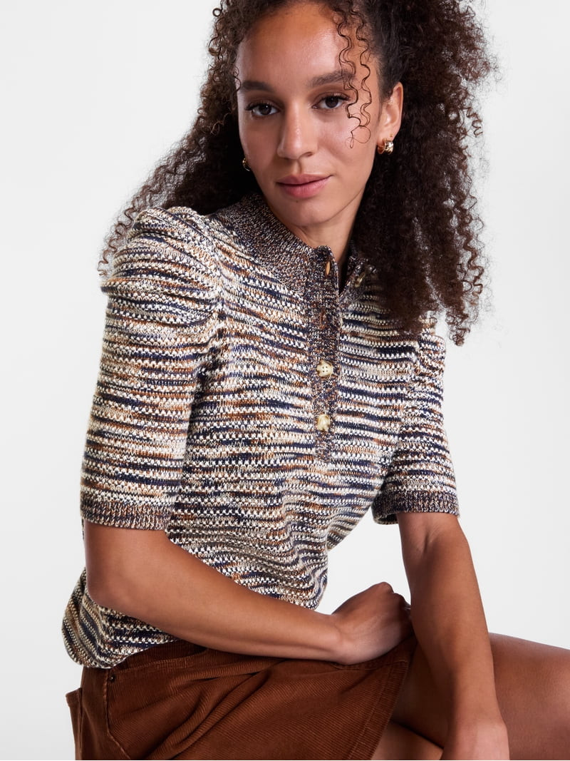 Scenario Women's and Women's Plus Henley Sweater with Puff Sleeves, Lightweight, Sizes XS-4X | Walmart (US)