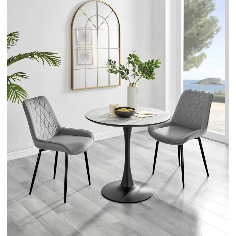Elina White Marble Effect Round Dining Table And 2 Luxury Velvet Dining Chairs | Wayfair North America