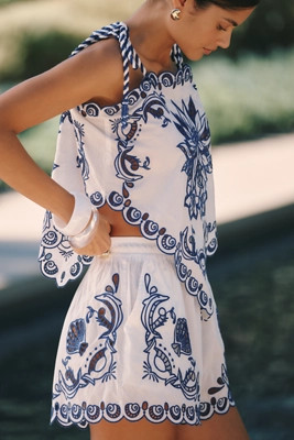 Farm Rio Garden Tiles Embroidered Richelieu Shorts | Anthropologie (US)