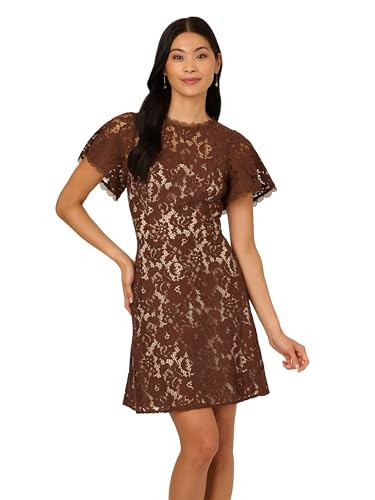 Adrianna Papell Women's Lace Flounce Short Dress, Espresso, 4 | Amazon (US)
