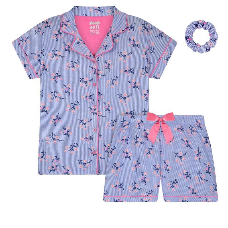 Sleep On It Girls Pinstripe Blossom 2-Piece Coat Pajama Sleep Set With Matching Scrunchie | Target