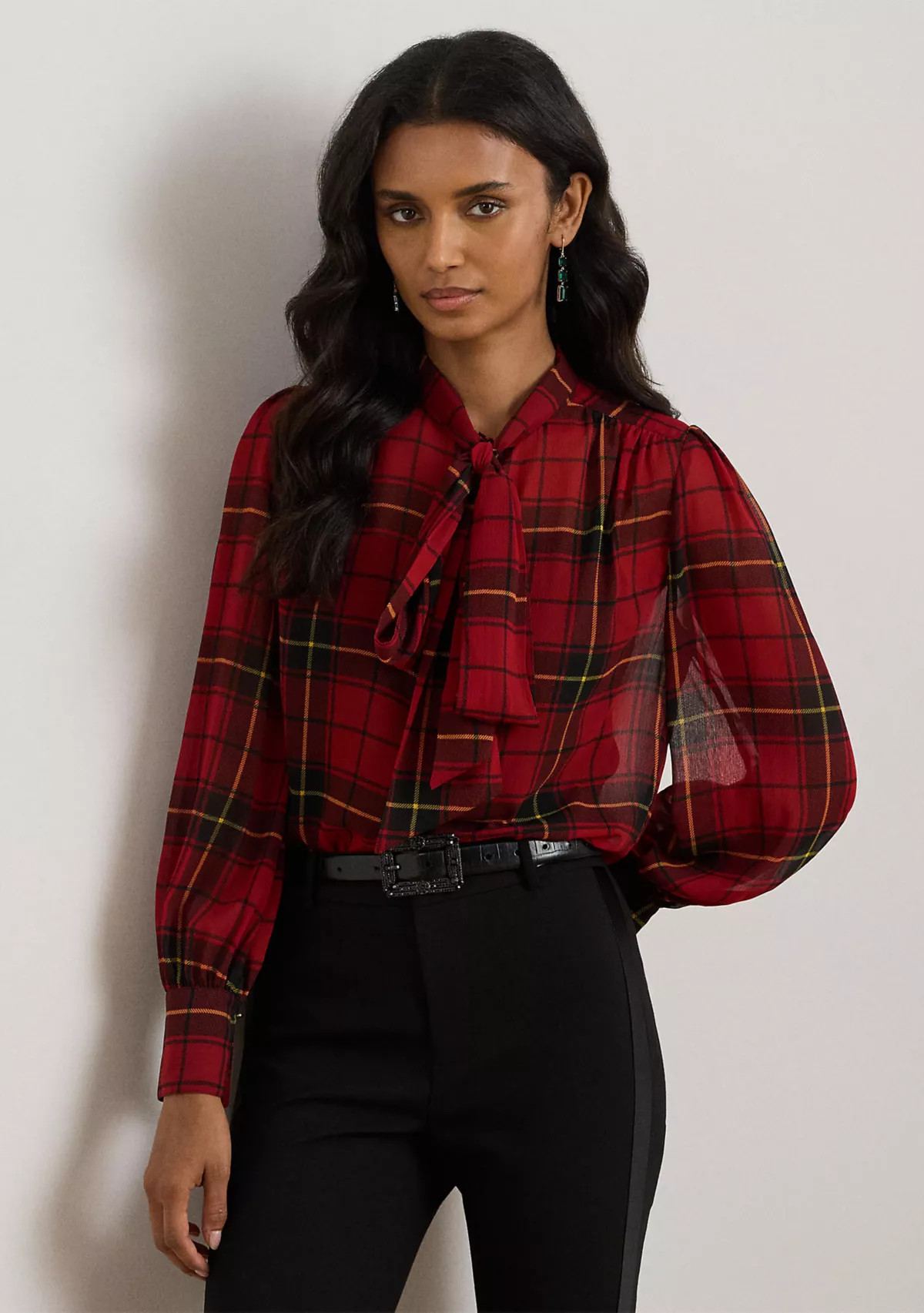 Women's Checked Plaid Georgette Tie-Neck Blouse | Belk