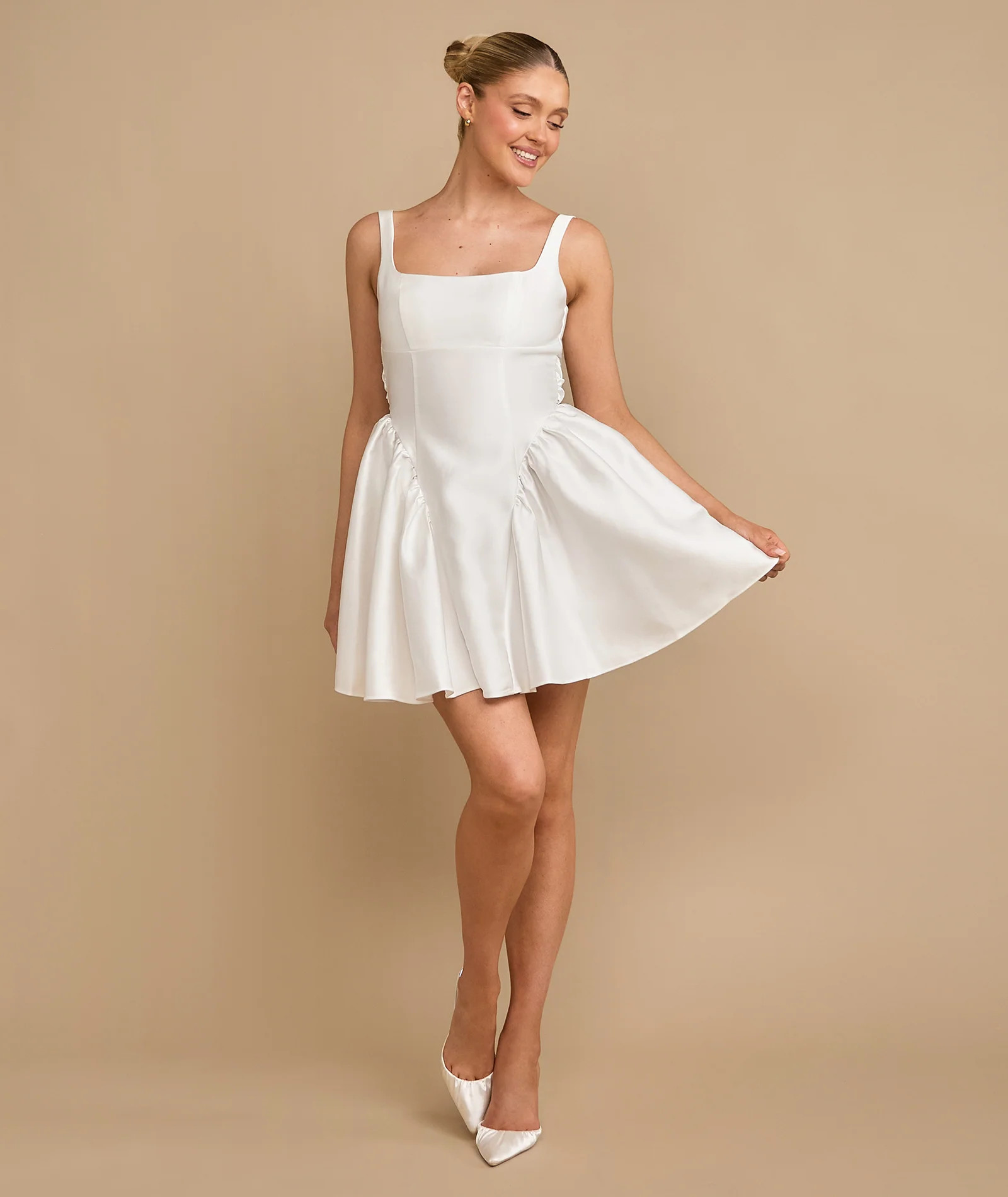 Satin Bow Back Pleated Skirt Mini Dress - White | Six Stories