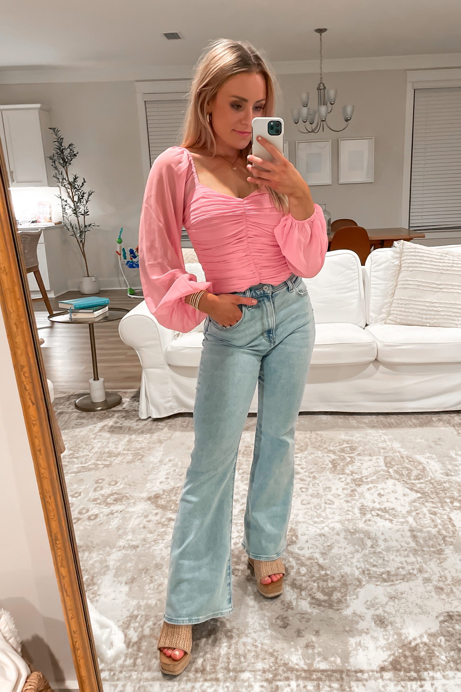 Whole outfit is Abercrombie! Wearing a light wash in these ultra high rise flare jeans but also available in dark and black. Some stretch to them so would say they fit true to size! 

The long-sleeve blouse is made with a chiffon fabric and has ruching details on the bodice, tapered puff sleeves, smocking in the back and a sweetheart neckline. Fit is a little more snug in the bodice so size up if in between sizes!

Bracelet is my favorite from Kendra Scott! Not available but linking similar options. 

#abercrombie #valentinesdayoutfit #flarejeans #lightwashjeans

#LTKSale #LTKunder100 #LTKFind