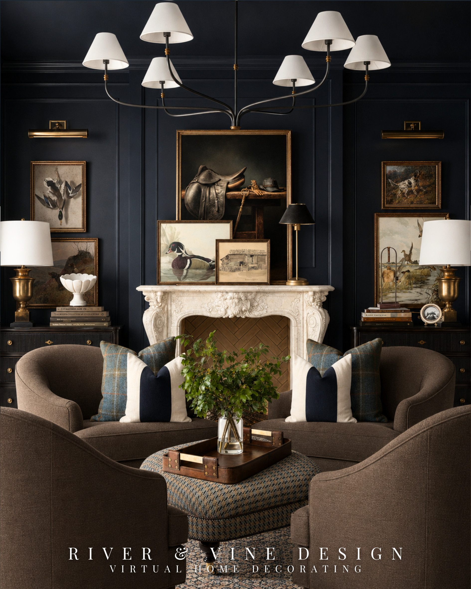 A dark, traditional living room doesn’t have to feel heavy. The key is building in enough contrast to let every layer breathe.

Here, deep navy walls create the drama, while the white marble fireplace, pale lampshades and warm brass break up the darkness. Brown club chairs soften the blue, and the plaid pillows repeat both colors so the room feels collected—not overly coordinated. If you want this look at home, start with one grounding piece, then repeat its colors through the lighting, textiles and artwork.

The complete edit brings together the furniture, lighting and decorative layers so you can recreate the feeling without guessing which pieces will work together.

modern traditional living room, navy blue living room, equestrian home decor, collected traditional interior, brown club chairs, classic living room lighting, plaid throw pillows, heritage inspired decor

I may receive a commission from purchases made through my links. 

 #LTKHome