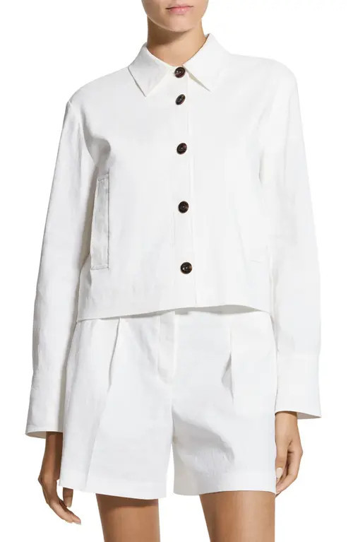Theory Linen Blend Crop Shirt Jacket in White at Nordstrom, Size X-Large | Nordstrom