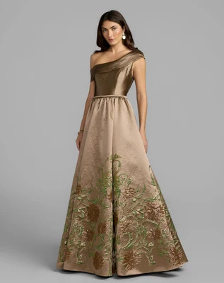 Beige Floral Off The Shoulder Ball Gown | Mac Duggal